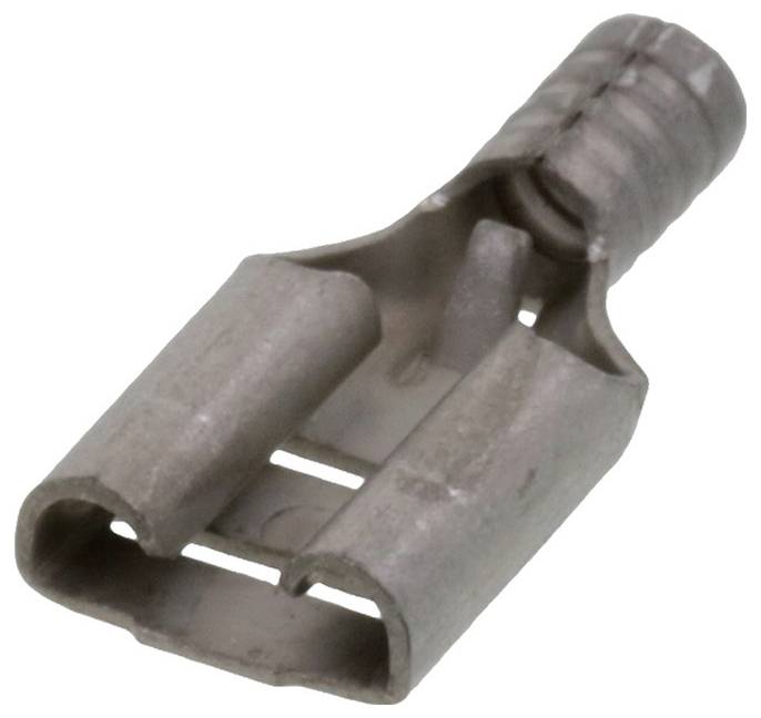 Ein Metallstecker in einer geschlitzten Zylinderform, vermutlich für elektrische Verbindungen, mit glatter Oberfläche.