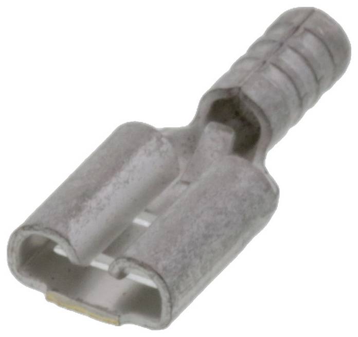 Ein Metall-Stecker aus grauem Material mit einer zylindrischen geriffelten Hülse und zwei breiten, offenen Enden zum elektrischen Anschluss.
