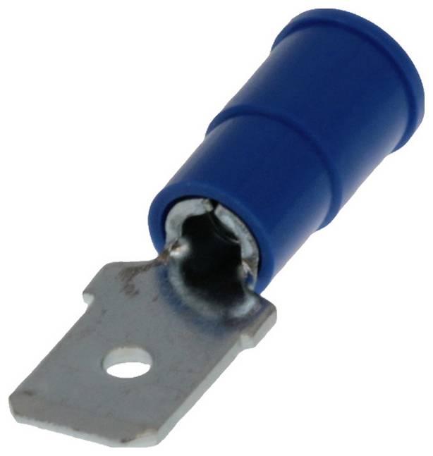 Blauer elektrische Kabelschuh mit Metallanschluss, verwendet für sichere Kabelverbindungen.