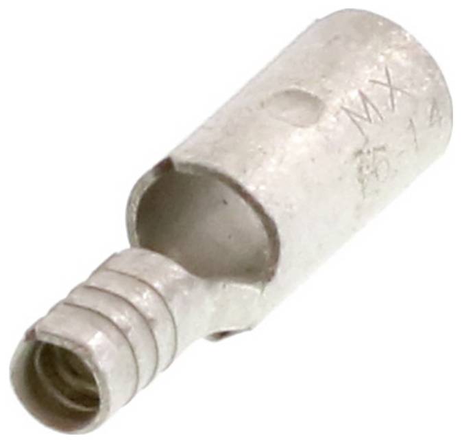 Metallischer Crimpanschluss für Kabel, hohle, zylindrische Form mit gerilltem, offenem Ende und eingelaserter Kennzeichnung.