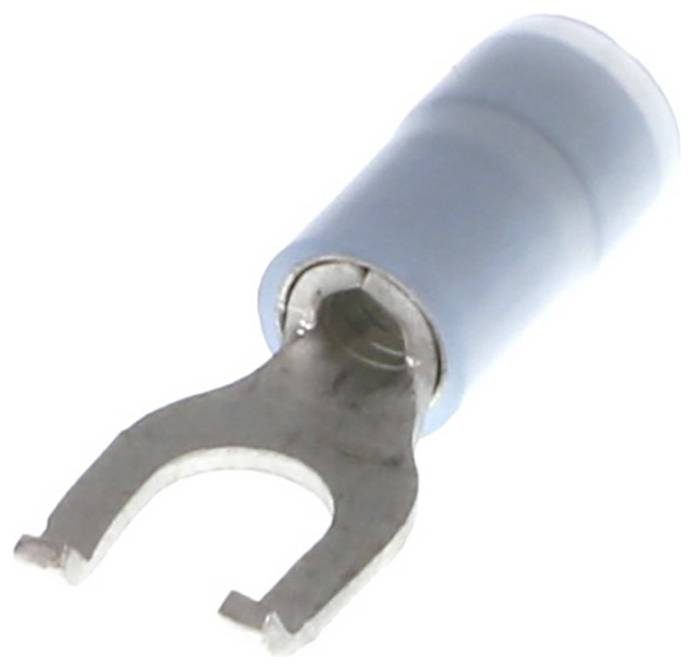 Ein blauer Kabelschuh in Gabel-/Gabelkabelschuhform, zur elektrischen Verbindung von Drähten und zur Verwendung mit Schraubanschlüssen.