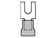 Ein schematisches Bild eines Gabelkabelschuhs, der in elektrischen Anwendungen verwendet wird. Oben ist eine U-förmige Öffnung, unten eine Befestigungsfläche.