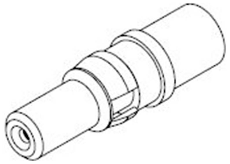 Eine technische Zeichnung eines Rohrverbindungsstücks mit einem zylindrischen Körper und einem Verschlussmechanismus in der Mitte.