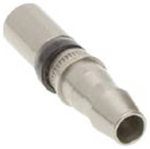 Ein Metalladapter mit geriffelter Oberfläche und schwarzem Dichtungsring, vermutlich für technische oder industrielle Anwendungen.