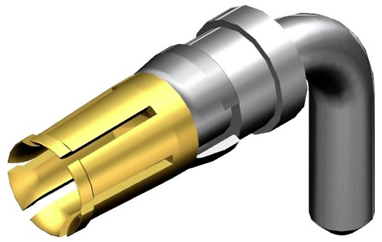 Dreidimensionale Darstellung eines gebogenen Steckverbinders mit einem metallischen, gold- und silberfarbenen Gehäuse.
