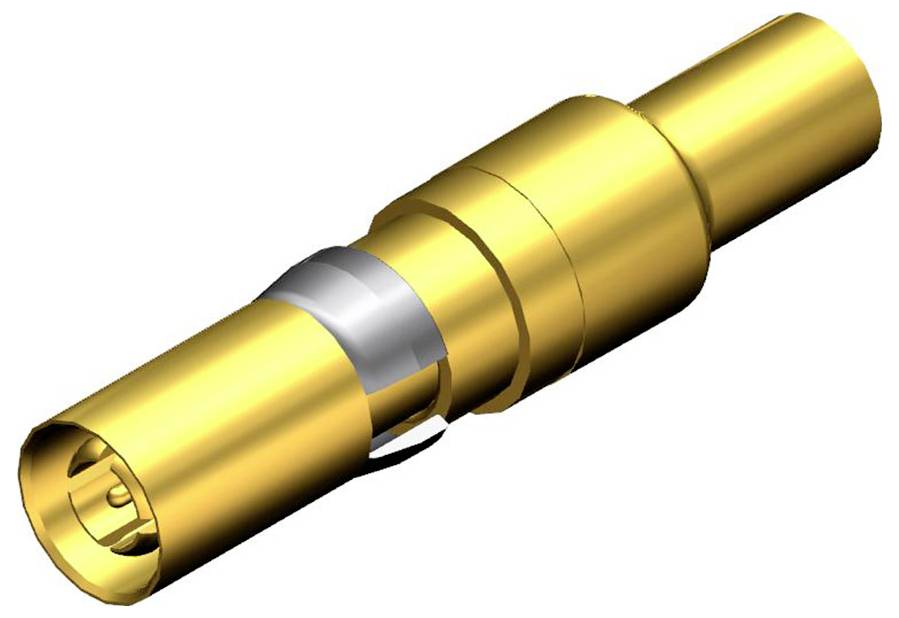 Ein goldener koaxialer Steckverbinder, zylindrisch geformt mit einem zentralen Leitungsstift, wird isolierend von einer Hülse umgeben.