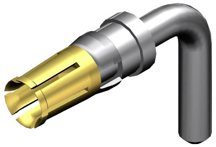 Ein goldener und silberner Metallstecker mit einem abgewinkelten Rohr, geeignet für elektrische Verbindungen oder Steckverbindungen.