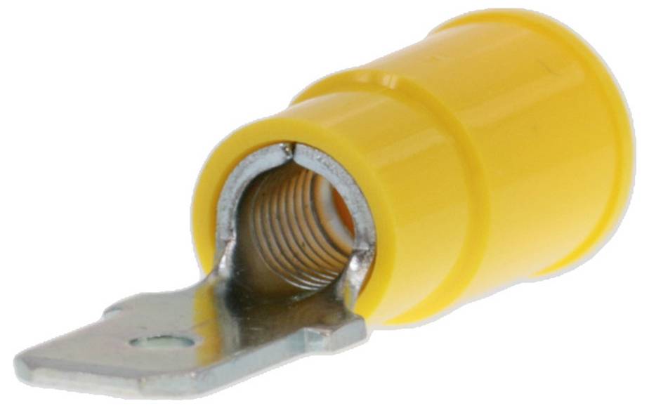 Gelbe isolierte Kabelschuhverbindung mit Metallöse, die für elektrische Verdrahtungen verwendet wird.