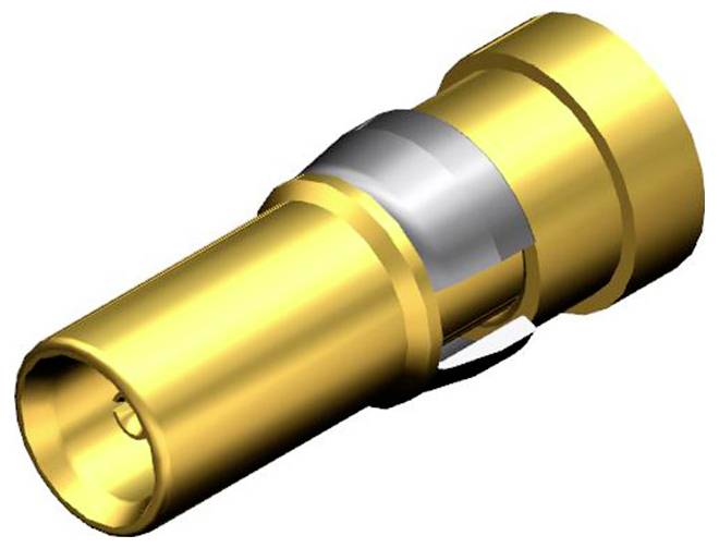 Ein goldfarbener elektrischer Steckverbinder mit rundem Körper und einem Silberring, der für Kabelverbindungen verwendet wird.