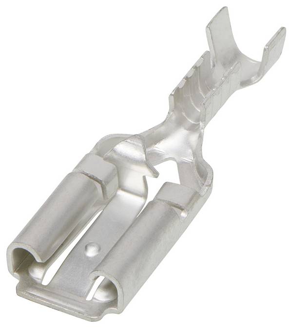 Ein silberner Metallstecker mit zwei Öffnungen und einem gezackten oberen Ende, vermutlich ein Flachsteckverbinder.