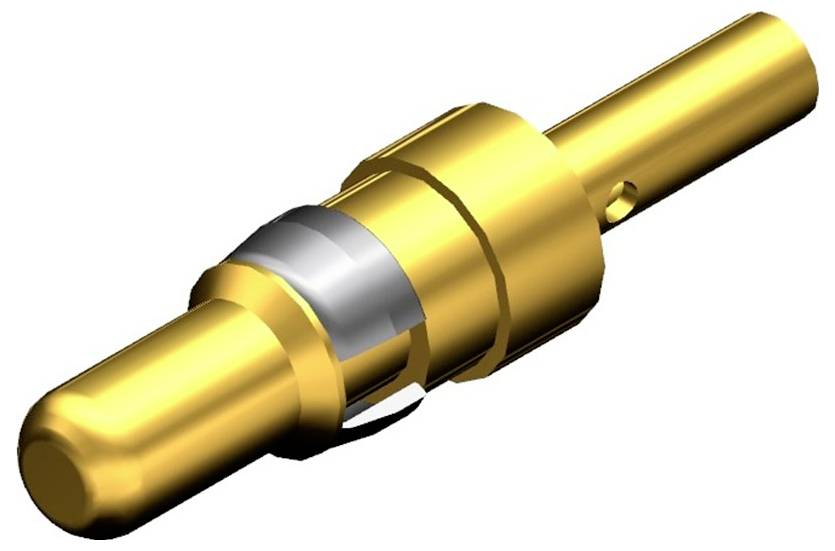 Ein goldfarbener Steckverbinder mit silbernem Ring, zylindrische Form, seitliche Bohrung, dient zur elektrischen Verbindung.