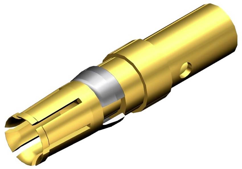 Ein goldener elektrischer Steckverbinderstift mit seitlicher Aussparung, zylindrisch in Form, für die Verbindung elektronischer Komponenten.
