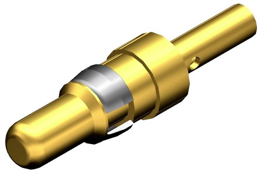 Ein goldener Steckverbinder mit zylindrischer Form und silbernem Akzent in der Mitte.