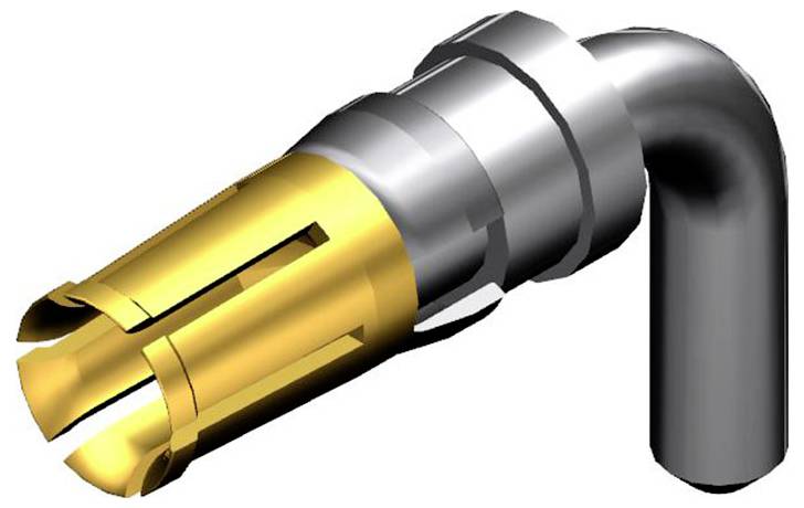 Einzelne Metallkomponente eines Steckverbinders mit gelbem vorderen Teil und gebogenem grauen hinteren Teil, vermutlich für Elektrotechnik.