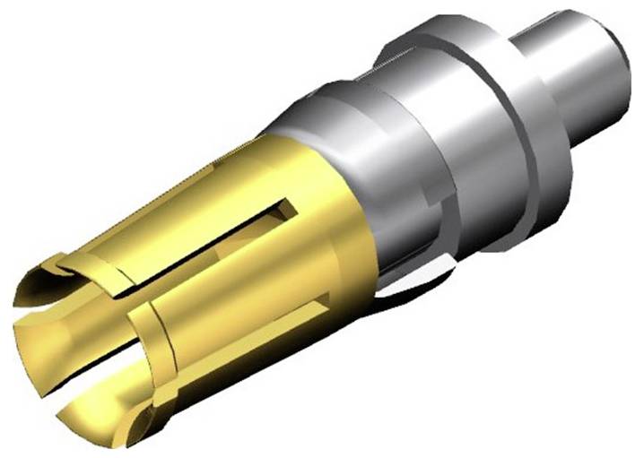 Ein 3D-Modell eines koaxialen Steckverbinders mit goldener und silberner Farbgebung, bestehend aus mehreren zylindrischen Abschnitten.
