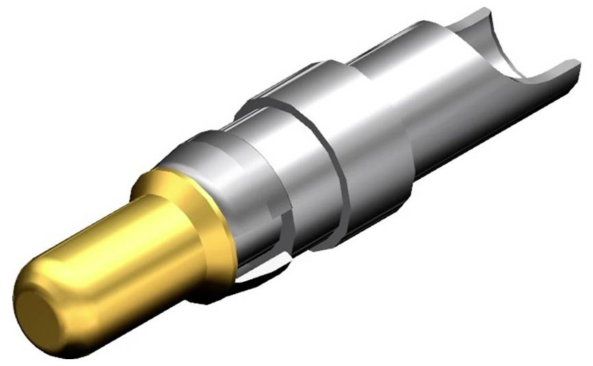 Metallischer Steckverbinder mit goldener Spitze, robustes zylindrisches Design, verwendet für präzise elektrische Verbindungen.