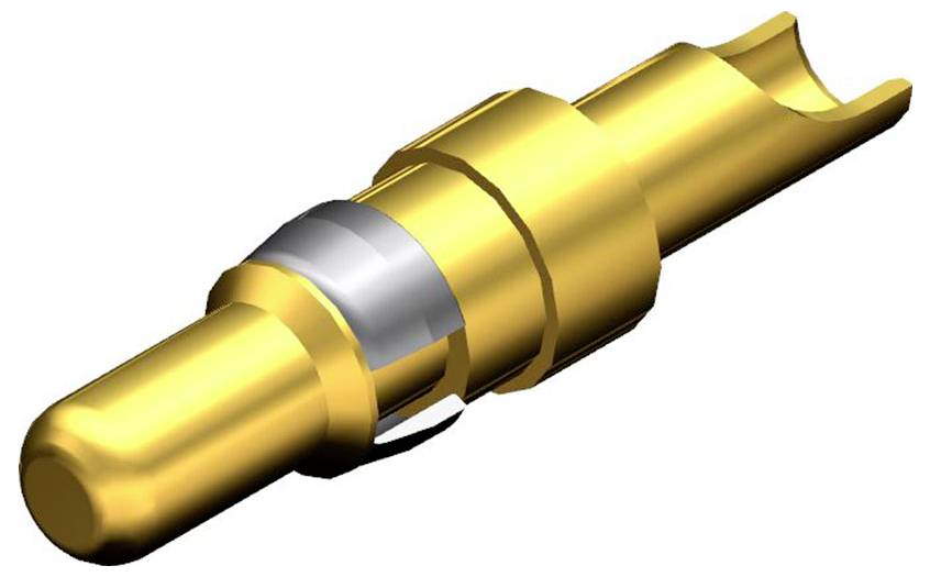 Goldener elektrischer Steckerkontakt mit silbernem Abschnitt in der Mitte, seitlich liegend.