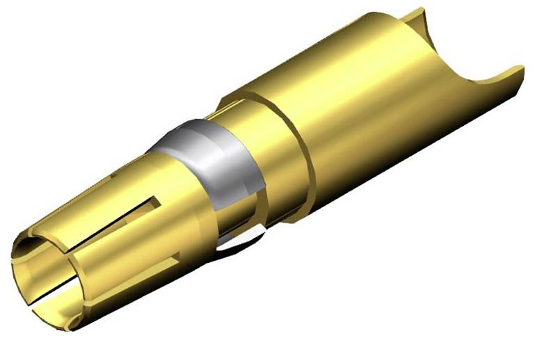 3D-Darstellung eines goldenen Steckverbinders mit metallischem Ring, geeignet für elektronische Anwendungen.