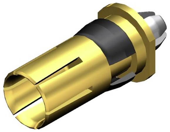 ''3D-Darstellung eines goldfarbenen Koaxialsteckers mit schwarzem Ring und Metallspitze, schräg von der Seite gesehen.''
