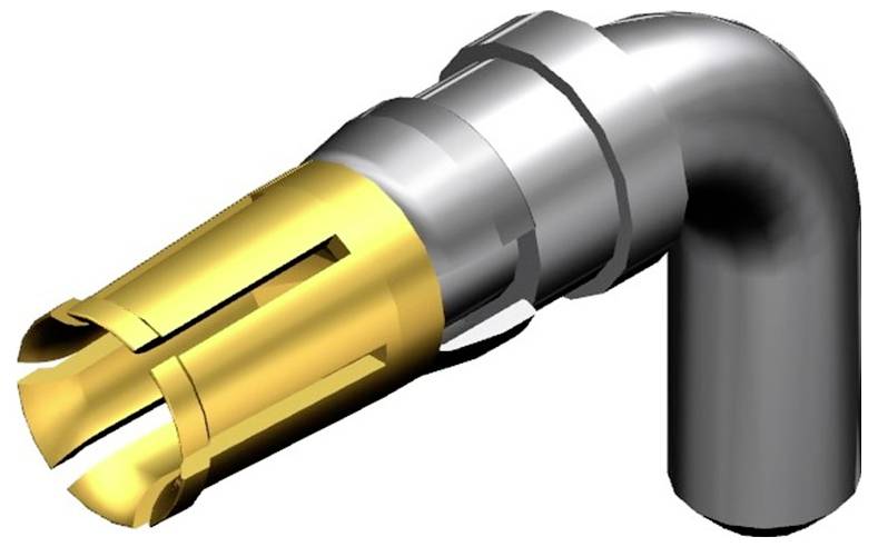 Ein detailliertes 3D-Modell eines industriellen Rohrverbindungsstücks aus Metall, mit einem gelben, gezahnten Endstück.