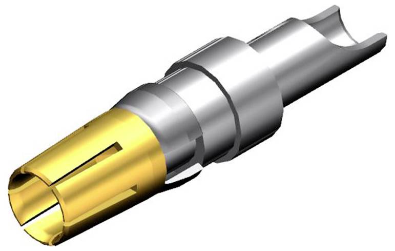 Ein Metallstecker mit goldenen und silbernen Teilen, vermutlich ein elektrischer Kontakt oder Anschluss für technische Anwendungen.