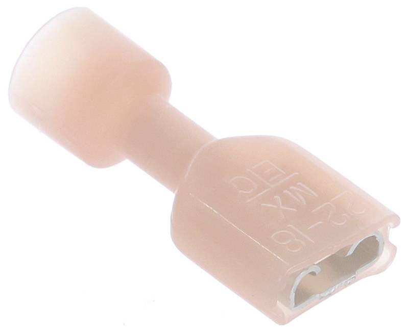 Ein rosa isolierter Kabelschuh in T-Form zur Verbindung von elektrischen Leitungen.