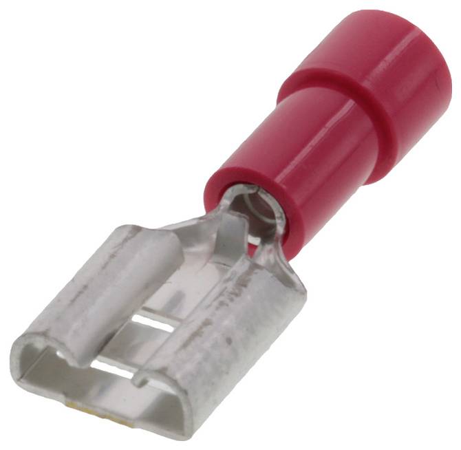 Ein roter Kabelstecker mit metallischem Anschluss, verwendet zur elektrischen Verbindung.