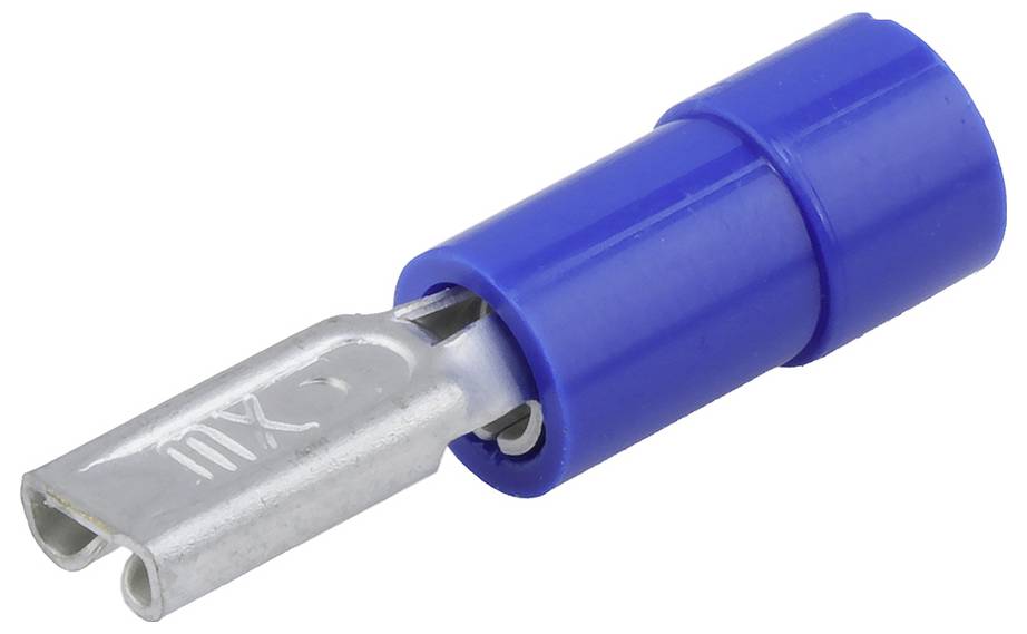 Blauer isolierter Flachstecker, an einem Ende offen für Kabelbefestigung, aus Metall mit markierten Kontakten, für elektrische Verbindungen.