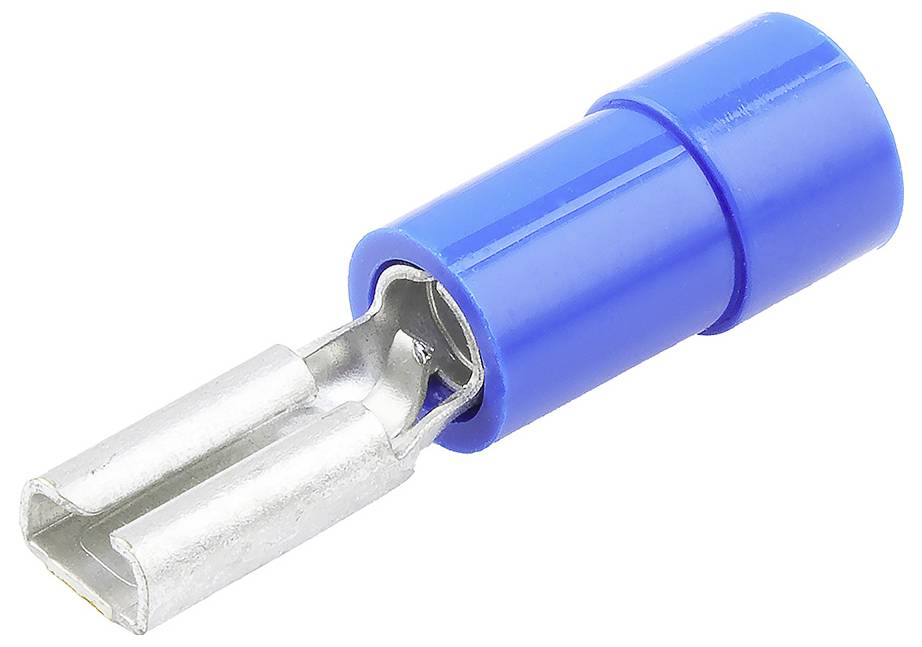 Ein blauer Flachstecker, isoliert und aus Metall, hauptsächlich für elektrische Verbindungen verwendet.