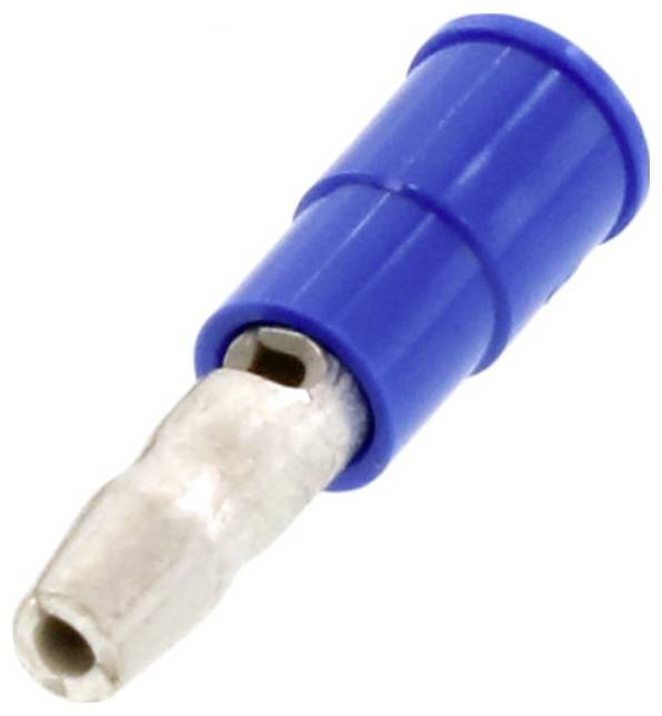 Ein blauer Kabelschuh mit Metallverbindung, häufig zum Verbinden von elektrischen Kabeln verwendet.
