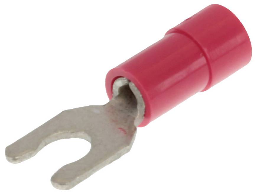 Roter Kabelschuh mit Gabelanschluss, geeignet zum Verbinden von Drähten mit Schraubverbindungen, ideal für elektrische Anwendungen.