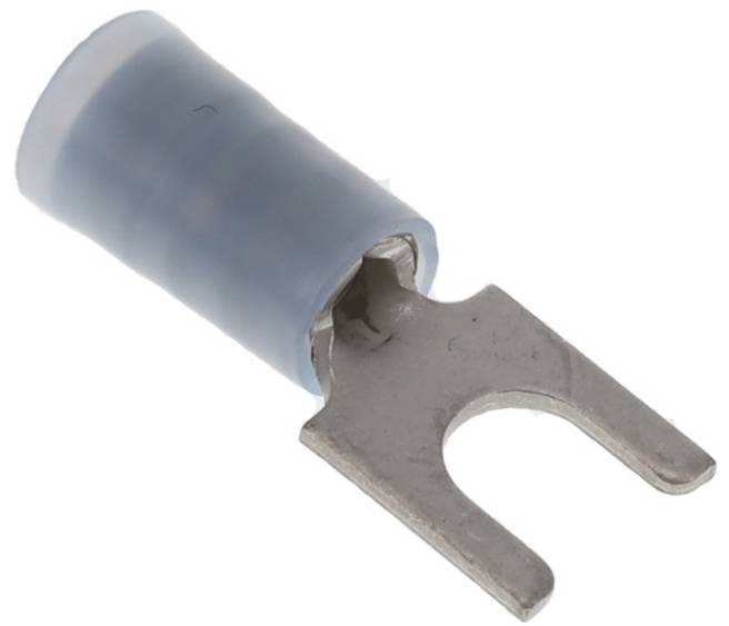 Ein metallischer gabelförmiger Drahtverbinder mit einer blauen isolierten Hülse, der zum Befestigen von elektrischen Drähten an Schraubklemmen verwendet wird.