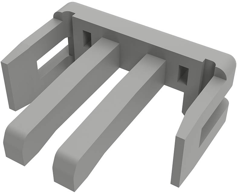 Ein 3D-gerendertes Bild einer grauen, rechteckigen Halterung mit drei länglichen Schlitzen, die nach außen verlaufen und zur mechanischen Montage verwendet werden.