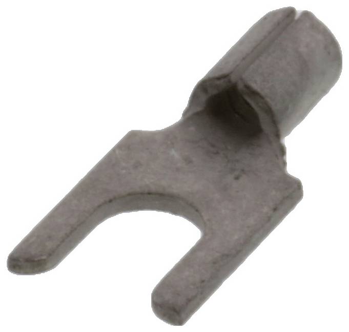 Grauer Metallgabelkabelschuh, der zum Anschluss von Kabeln an Schraubklemmen verwendet wird.
