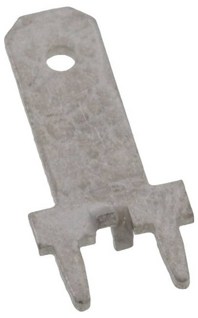 Ein graues, metallisches Teil mit einem Loch oben und zwei Zinken unten, möglicherweise ein Verbindungselement oder eine Halterung.