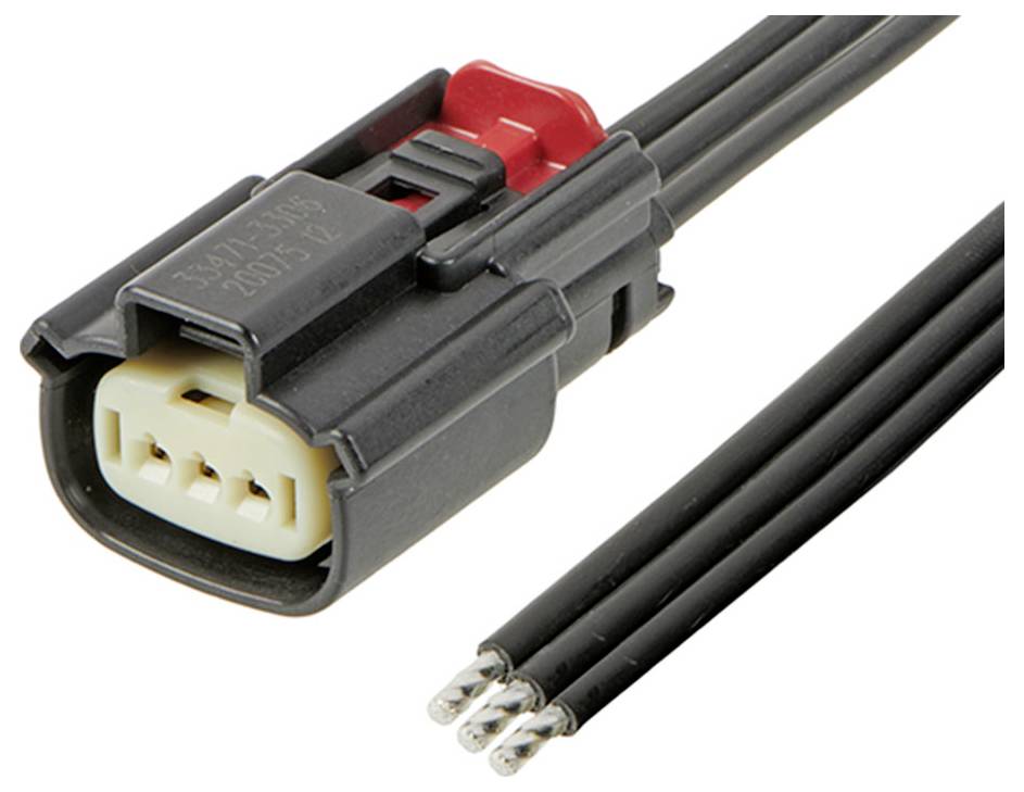 Ein schwarzer elektronischer Stecker mit drei Drähten, die aus der Rückseite herausgeführt werden. Der Stecker hat eine rote Verriegelung.