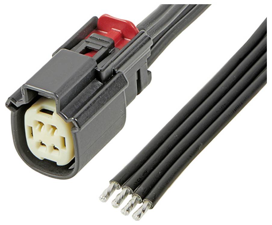 Schwarzer elektrischer Steckverbinder mit sechsadrigem Kabelansatz, Isolierung entfernt, um die blanken Drahtenden zu zeigen.