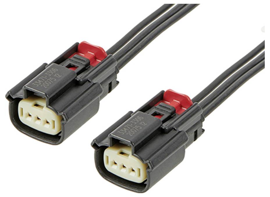 Schwarz-rote elektrische Steckverbinder mit drei Pins, jeweils am Ende eines Kabels befestigt.