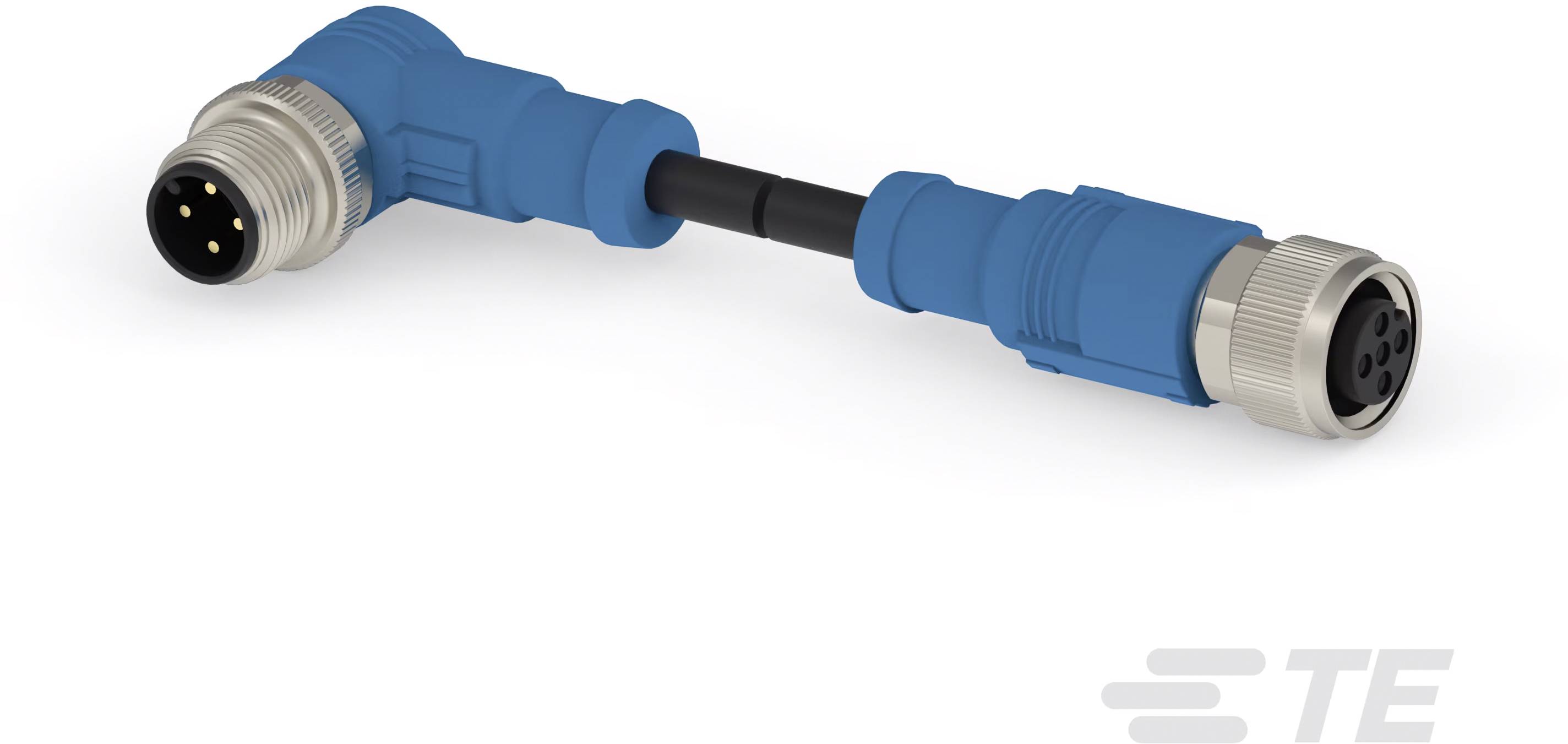 Ein blaues Industriesteckerkabel mit einem Winkelstecker links und einem geraden Stecker rechts
