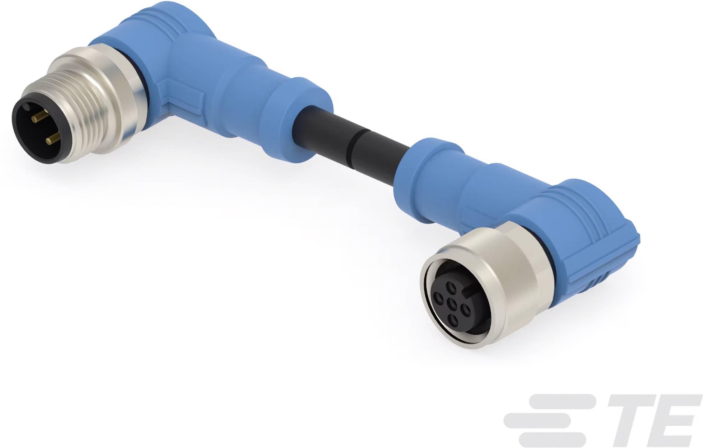 Winkelsteckverbinder mit blauer Ummantelung und zwei runden Steckerkontakten an beiden Enden.