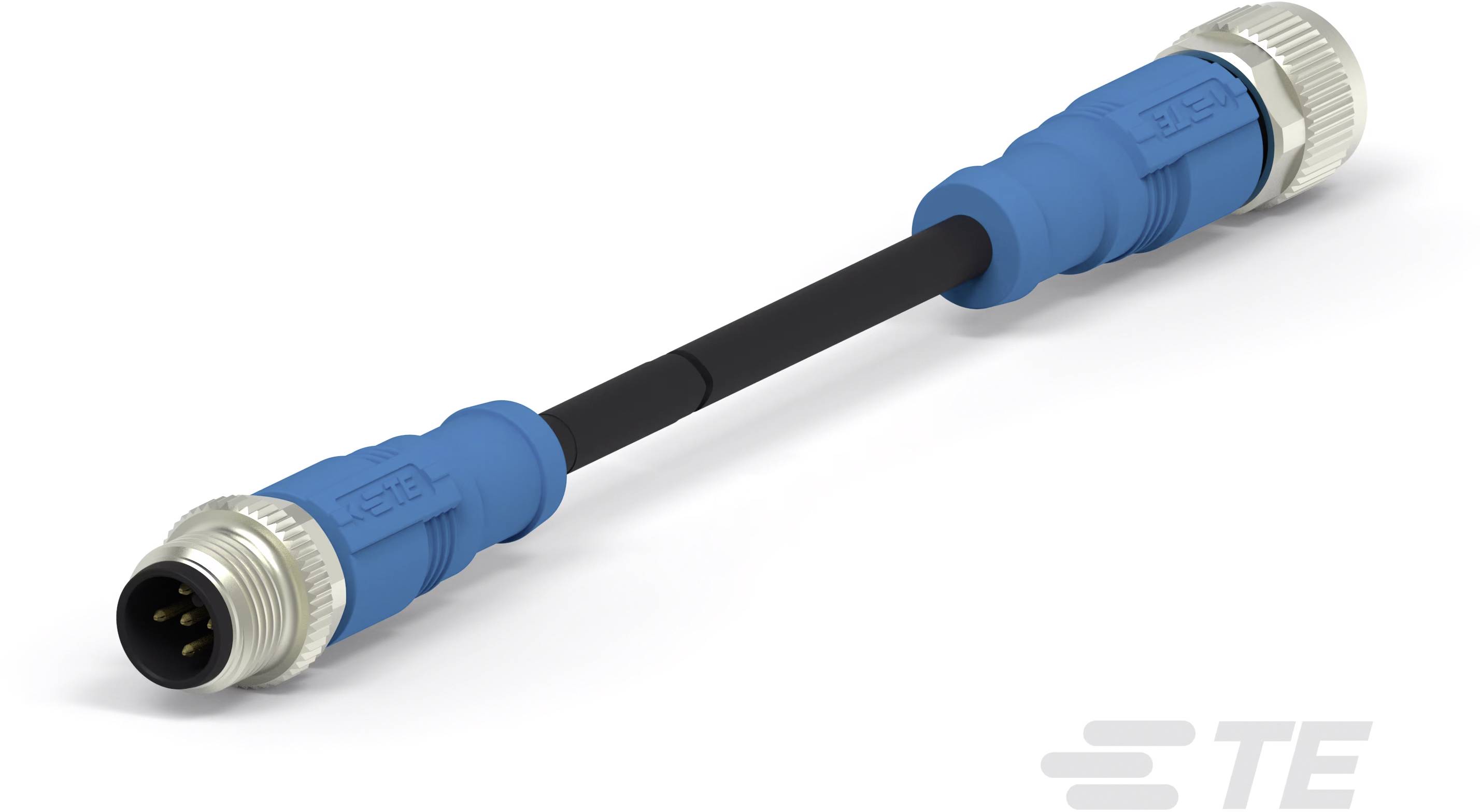 Ein blaues, zylindrisches Verbindungskabel mit Metallanschlüssen an beiden Enden. Enthält einen vierpoligen Stecker.
