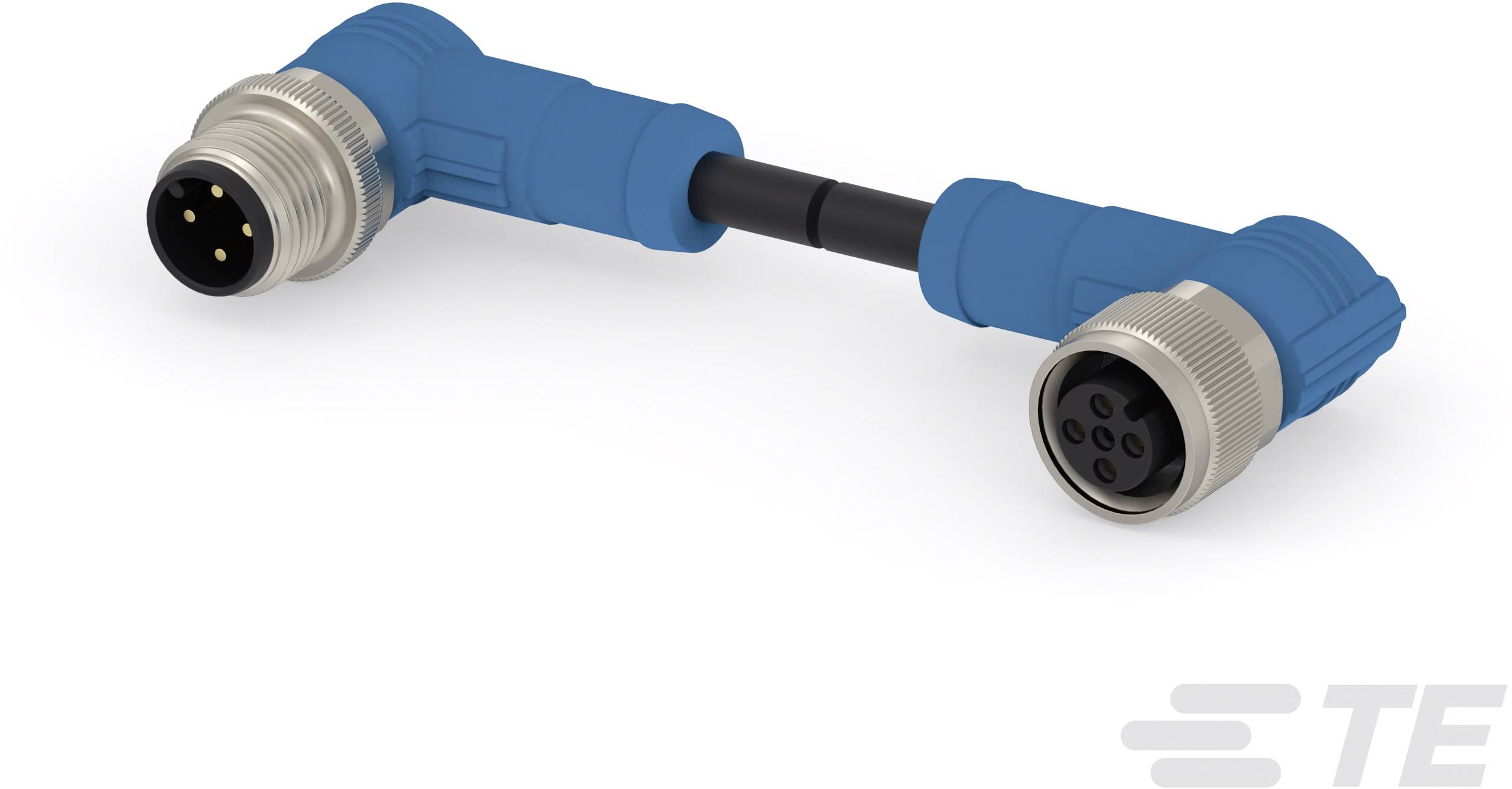 Blauer M8 Winkelstecker auf M12 Buchse Adapter mit Metallgehäuse. Verbindet industrielle Sensor- und Aktorsysteme.