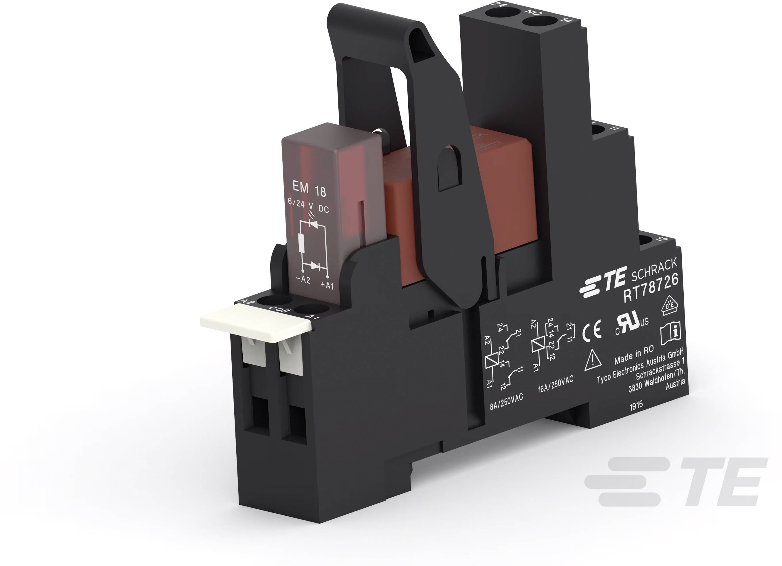 Schwarzes und rotes EMR-Relaismodul der Marke TE.