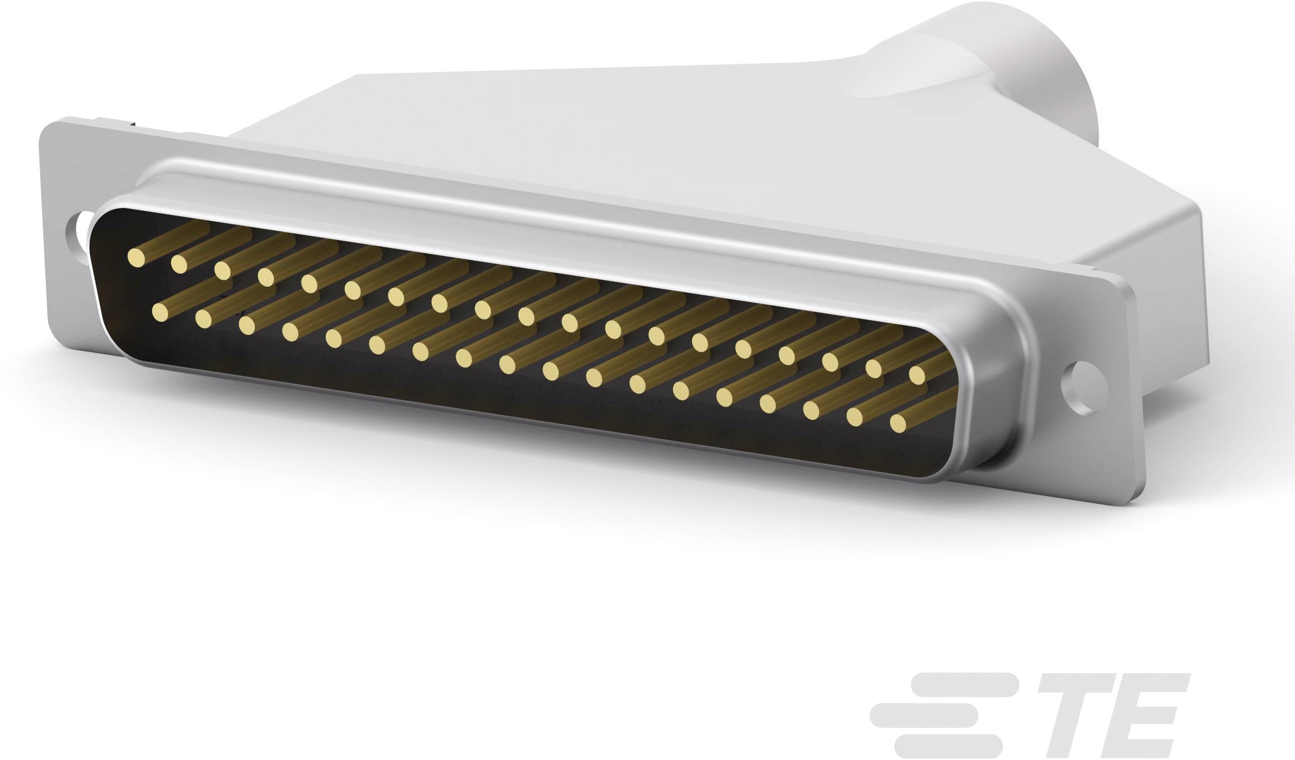 Ein metallischer Steckverbinder mit vielen goldenen Pins, verwendet für Datenübertragung in elektronischen Geräten.