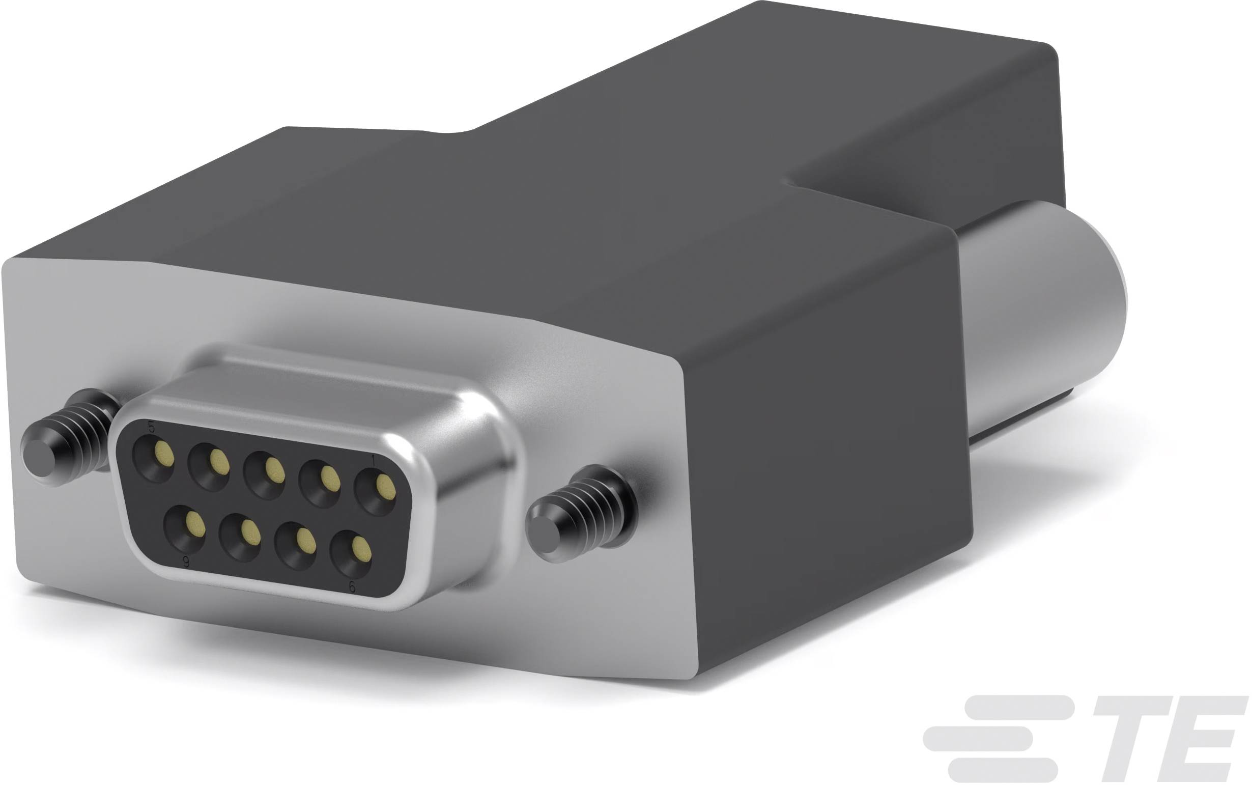 Ein 9-poliger D-Sub-Stecker mit rechteckigem Metallgehäuse, verwendet zur seriellen Datenübertragung in elektronischen Geräten.