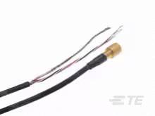 Kabel mit abisolierten Enden und goldfarbener Anschlussbuchse.