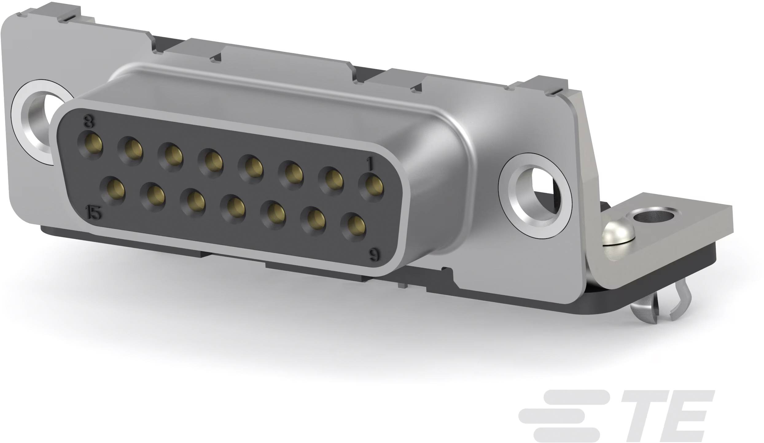 Metallischer Steckverbinder mit 15 Pins, montiert auf einer Halterung.
