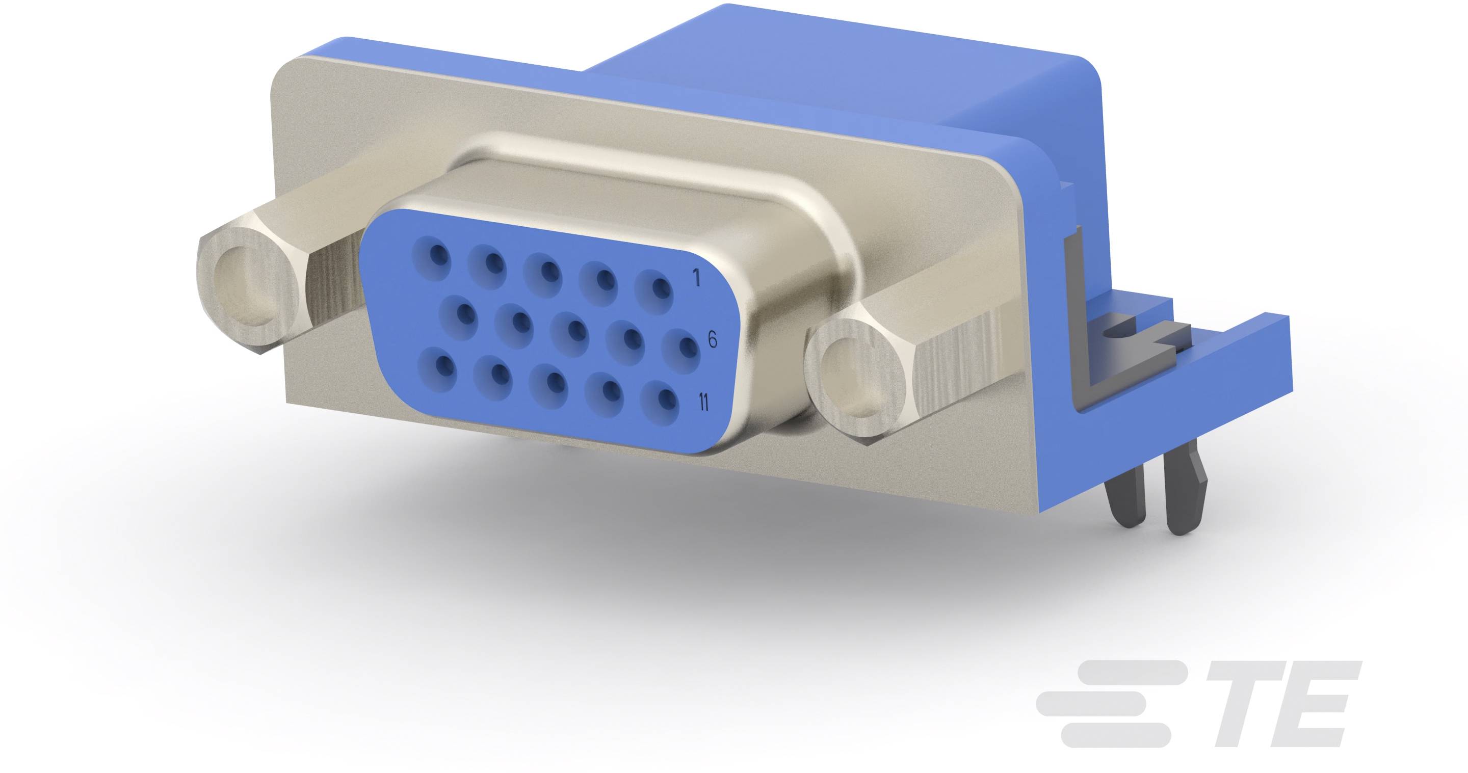 Ein blauer D-Sub-Steckverbinder mit 15 Pins, geeignet zur Datenübertragung zwischen elektronischen Geräten.