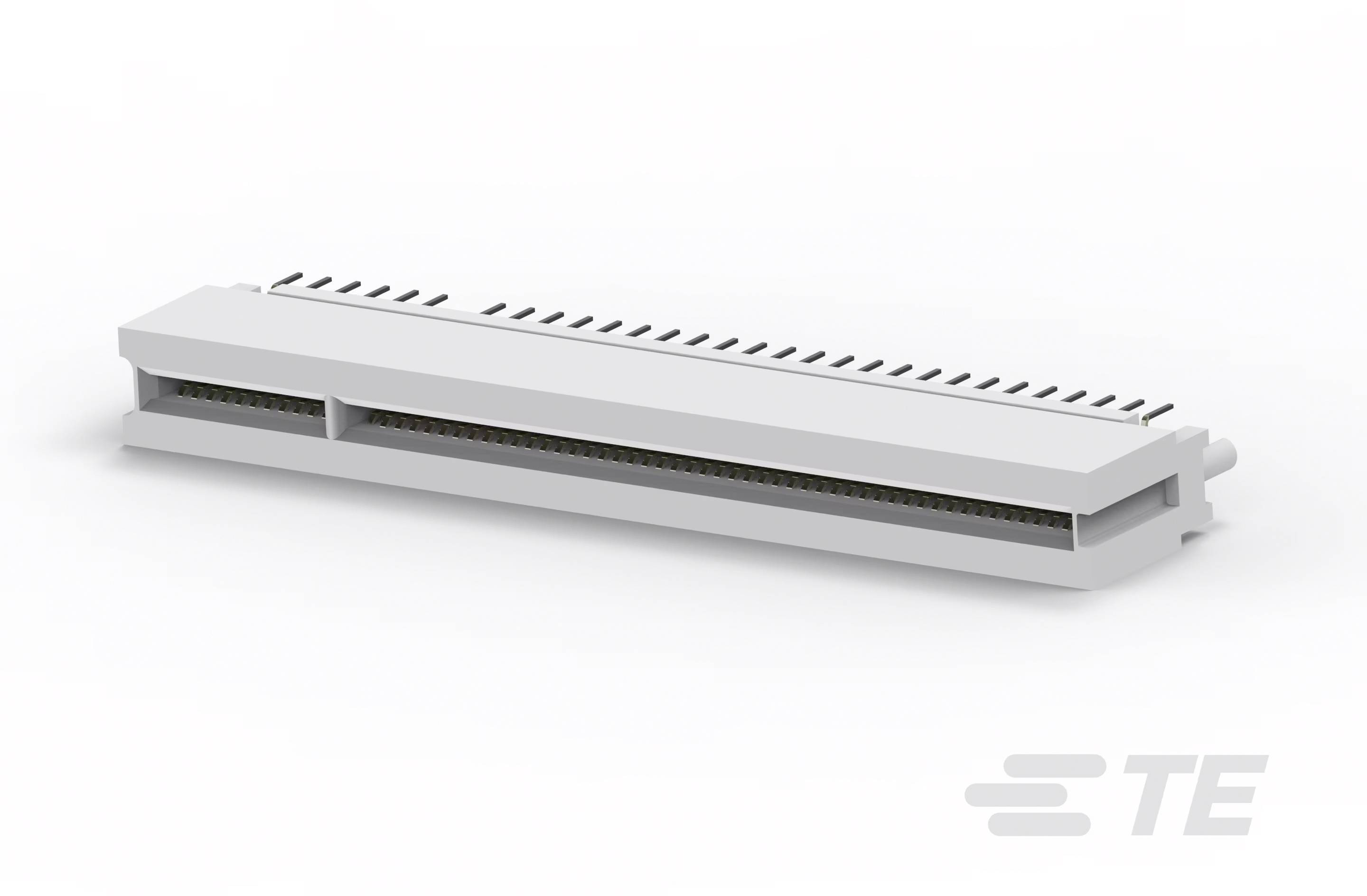 Ein grauer elektrischer Steckverbinder mit mehreren Pins, geeignet für Platinenmontage, auf weißem Hintergrund.