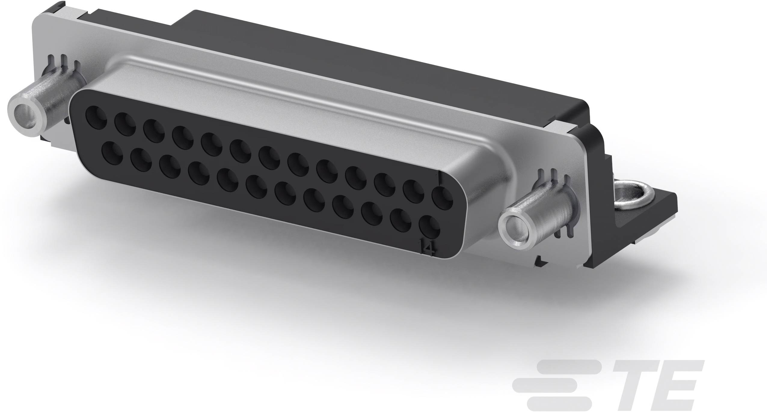 D-Sub-Steckverbinder mit 24 schwarzen Buchsen und Metallgehäuse, seitlich zwei Befestigungsbolzen. Vorderansicht, markiert mit 'TE'.